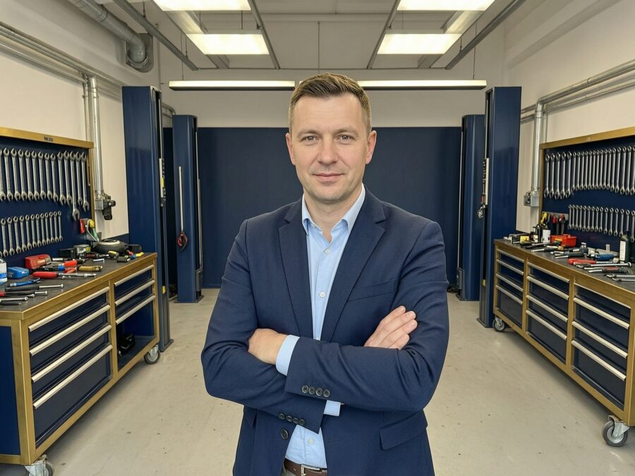 Właściciel niezależnego serwisu motoryzacyjnego w profesjonalnym warsztacie